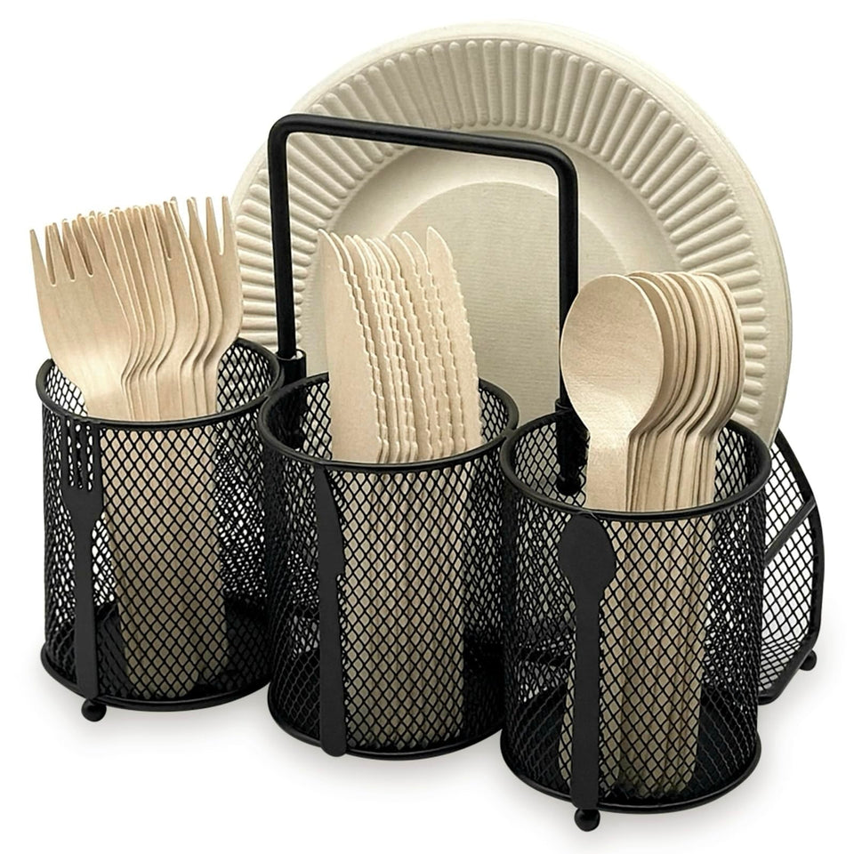 DysanVica utensil caddy with four compartments keeps utensils neatly organized for meals.