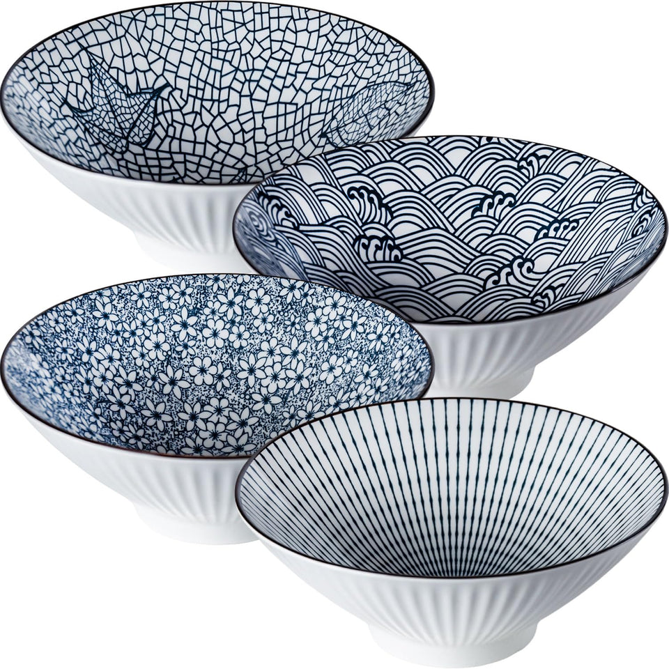 Dyware 38 oz ramen bowls in blue and white for generous portions.