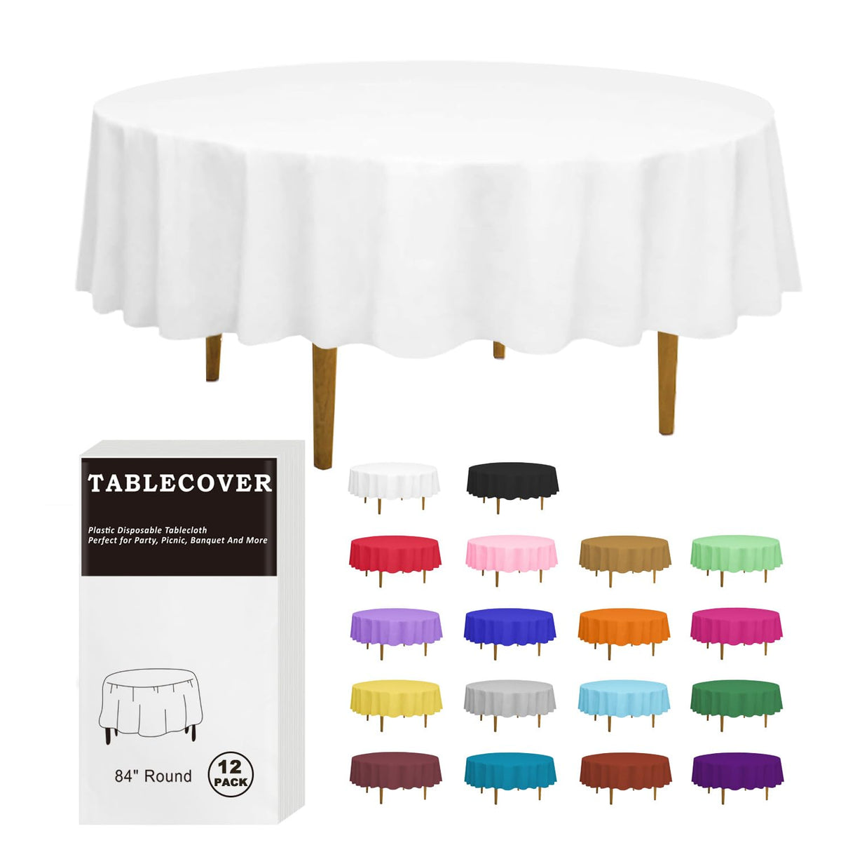 D&Z 84in white round disposable tablecloth laid out for a clean, elegant setup.