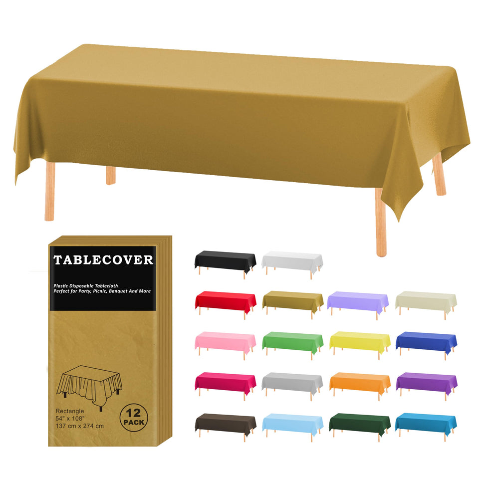 D&Z plastic tablecloth 12-pack in gold provides quick, stylish table coverage for any event.