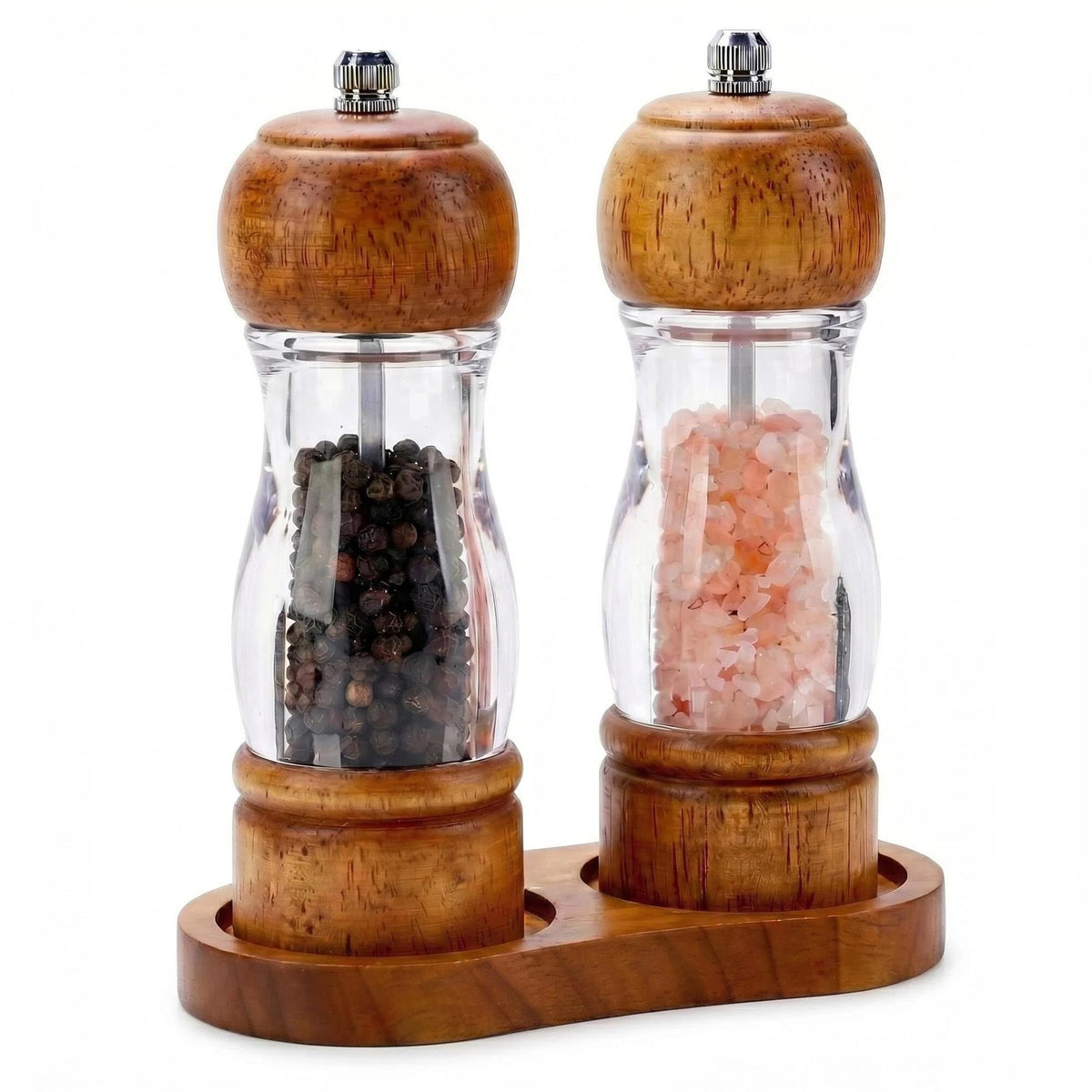 Dzmbv wooden salt and pepper grinder set with oak base tray keeps counters tidy.
