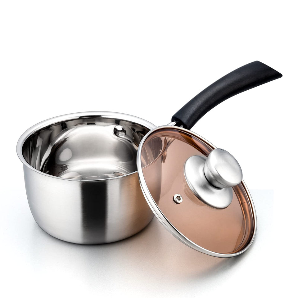 E-far 1qt saucepan with glass lid viewed from top for easy cooking check.