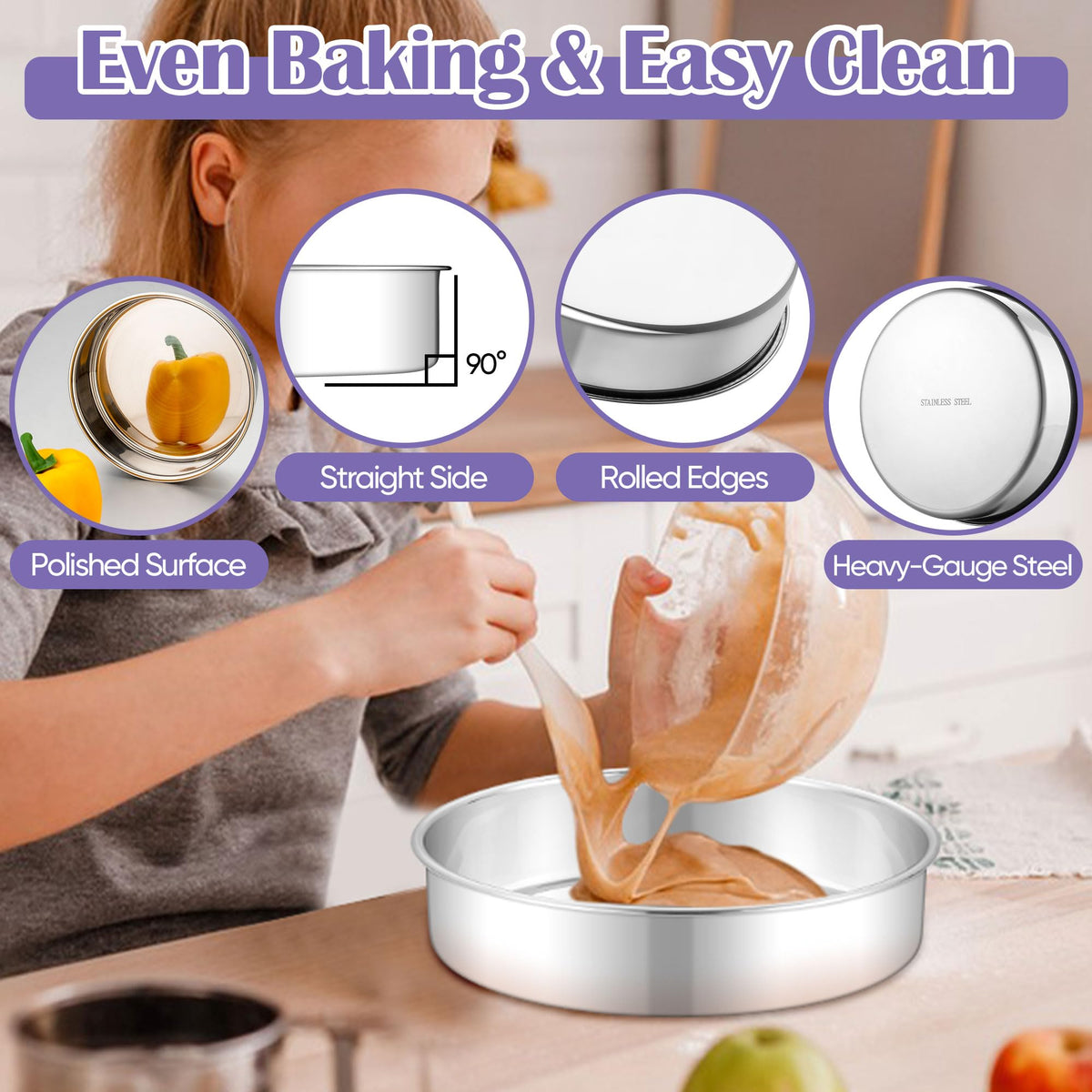 E-far 2-piece stainless steel cake pans, dishwasher safe for quick cleaning.