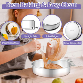 E-far 2-piece stainless steel cake pans, dishwasher safe for quick cleaning.