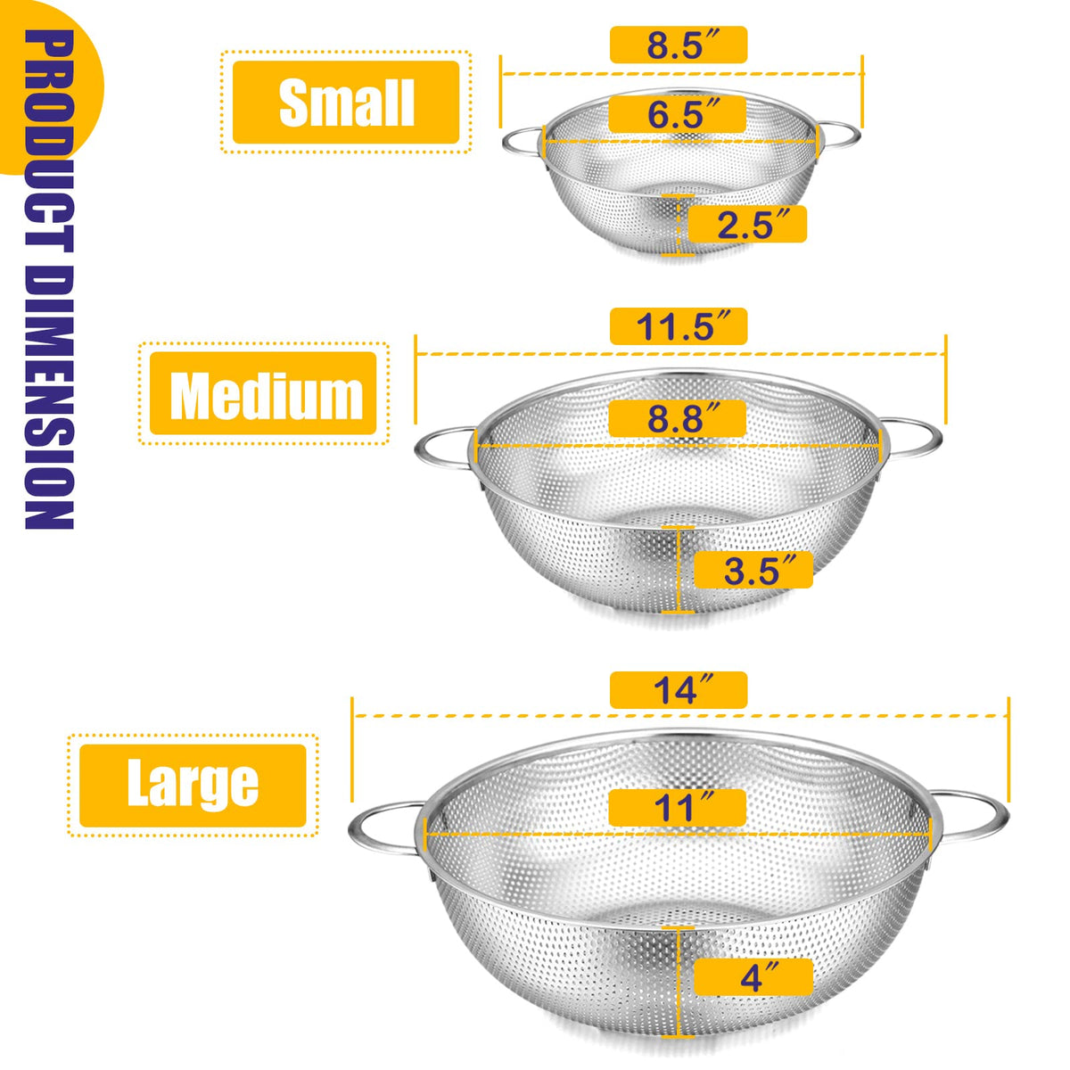 E-far 3-quart colander handles close-up showing sturdy welded grips for safe lifting