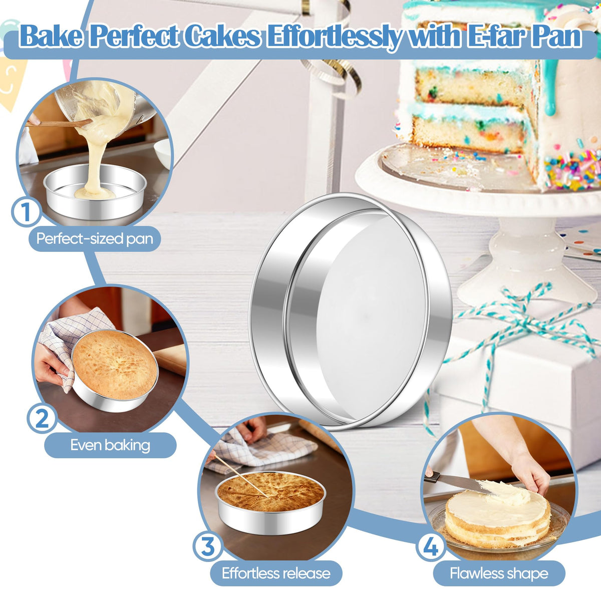 E-far 8-inch cake pan demonstrating easy-release and dishwasher-safe cleanup.