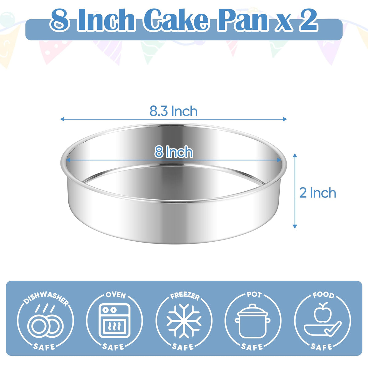 E-far 8-inch cake pan side-by-side setup shows dual pans for layered cakes and desserts.