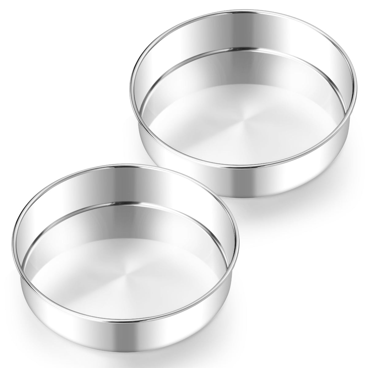E-far 8-inch cake pan top view highlighting non-toxic stainless steel construction for safe everyday baking.