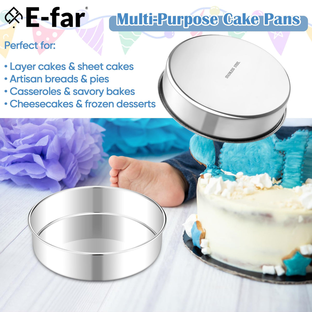 E-far 8-inch cake pan stacked for storage shows compact design.