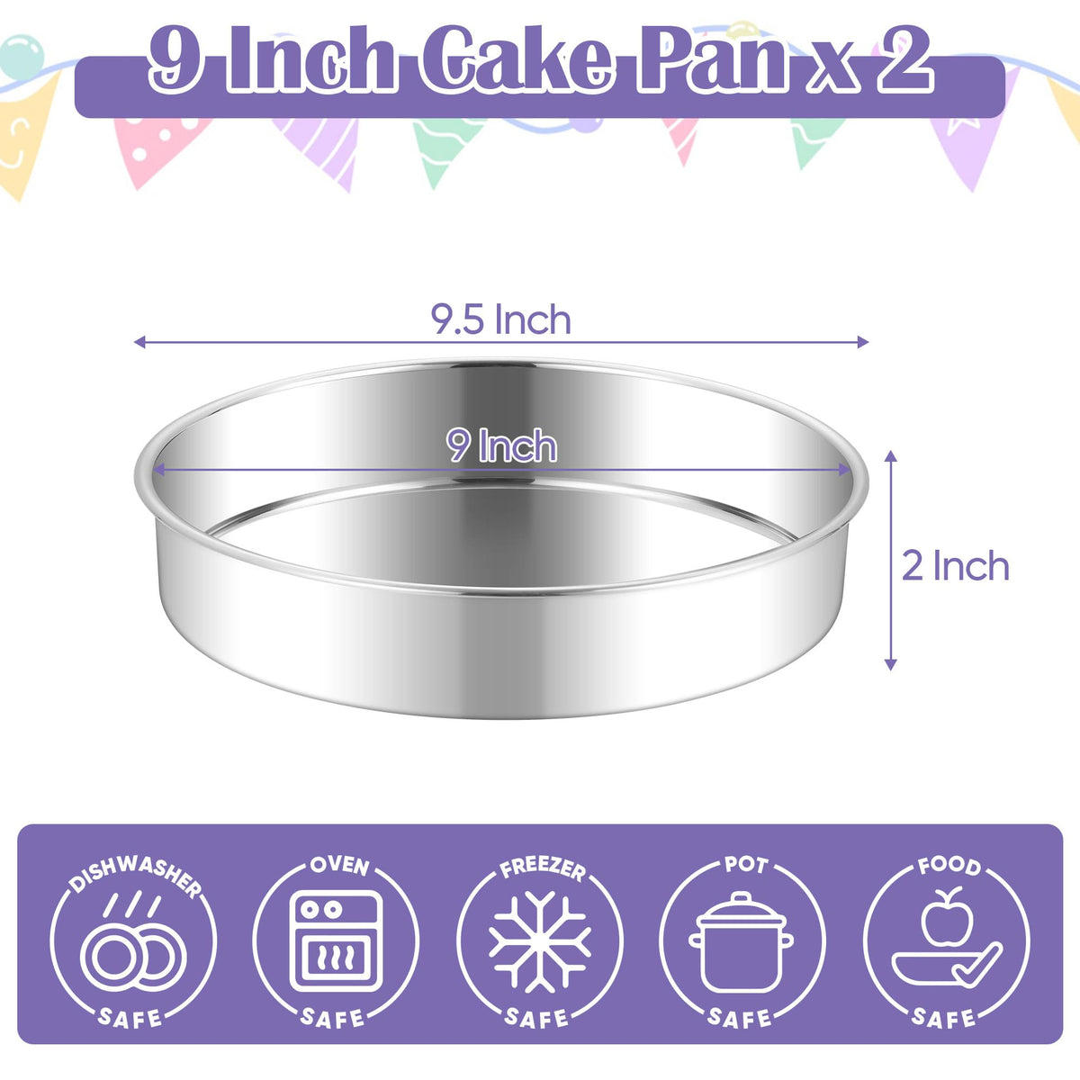 E-far 9-inch round cake pan, side view, sturdy grip with rolled edges.