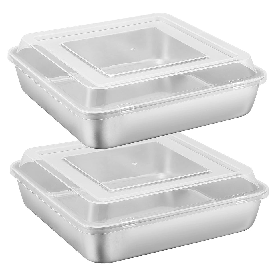 E-far 9x9 square pan with lid, front view, compact storage for baked goods.