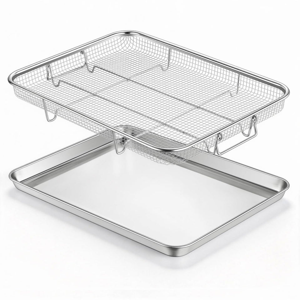 E-far air fryer basket inside oven shows 360° airflow for even crisping