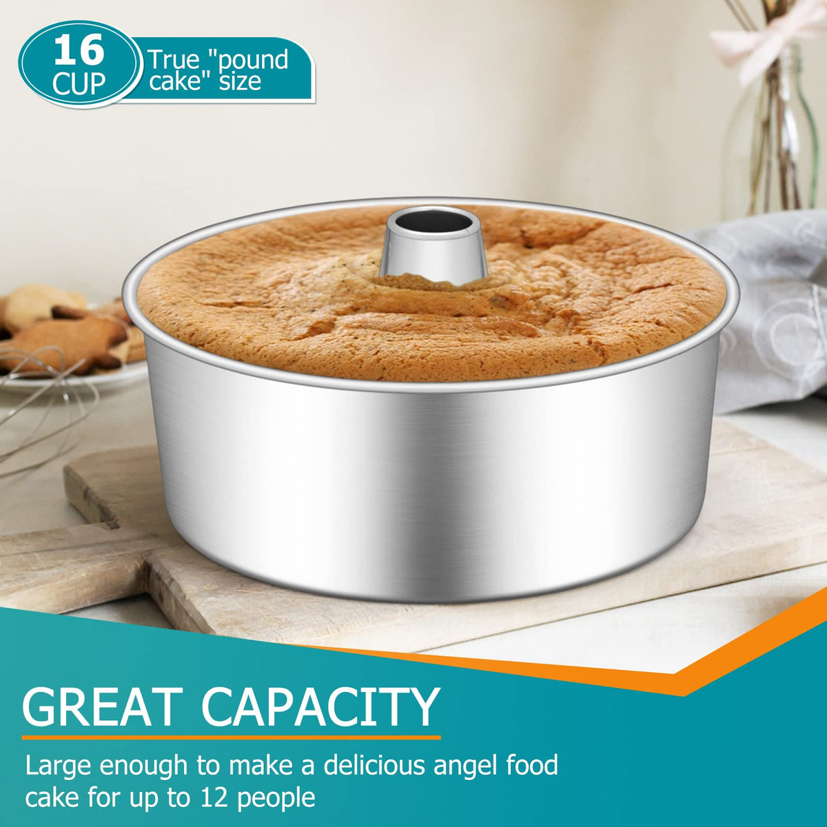 E-far 16-cup capacity fits standard angel food or chiffon recipes.