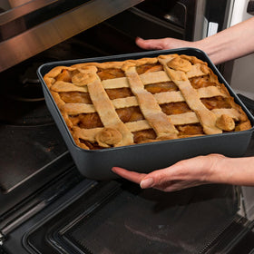 E-far bakeware in oven ready for cakes and lasagna.