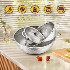 E-far colander D-shaped handles demonstrating secure lifting and hanging option