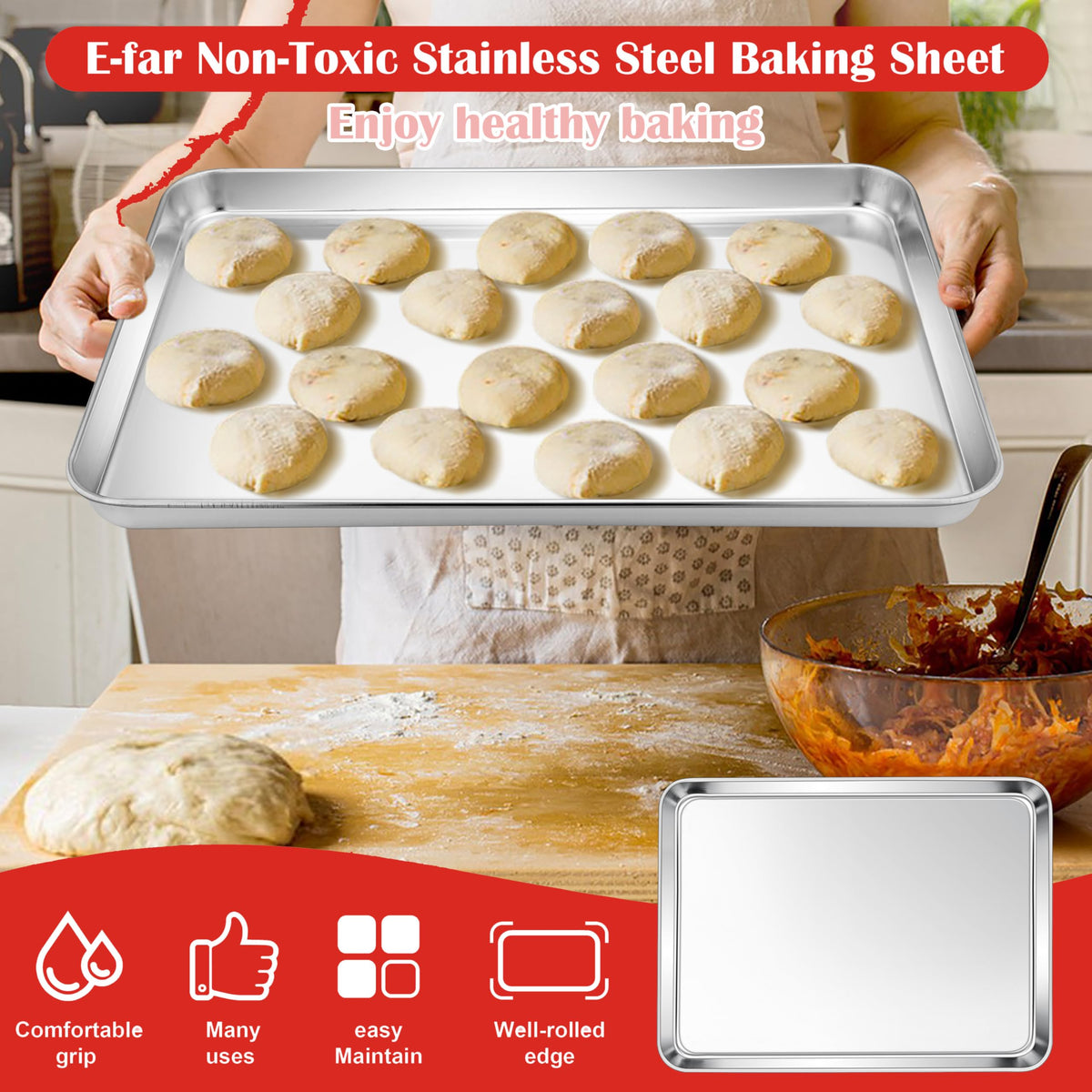 E-far cookie sheet seamless corners prevent trapped crumbs for easy cleanup.