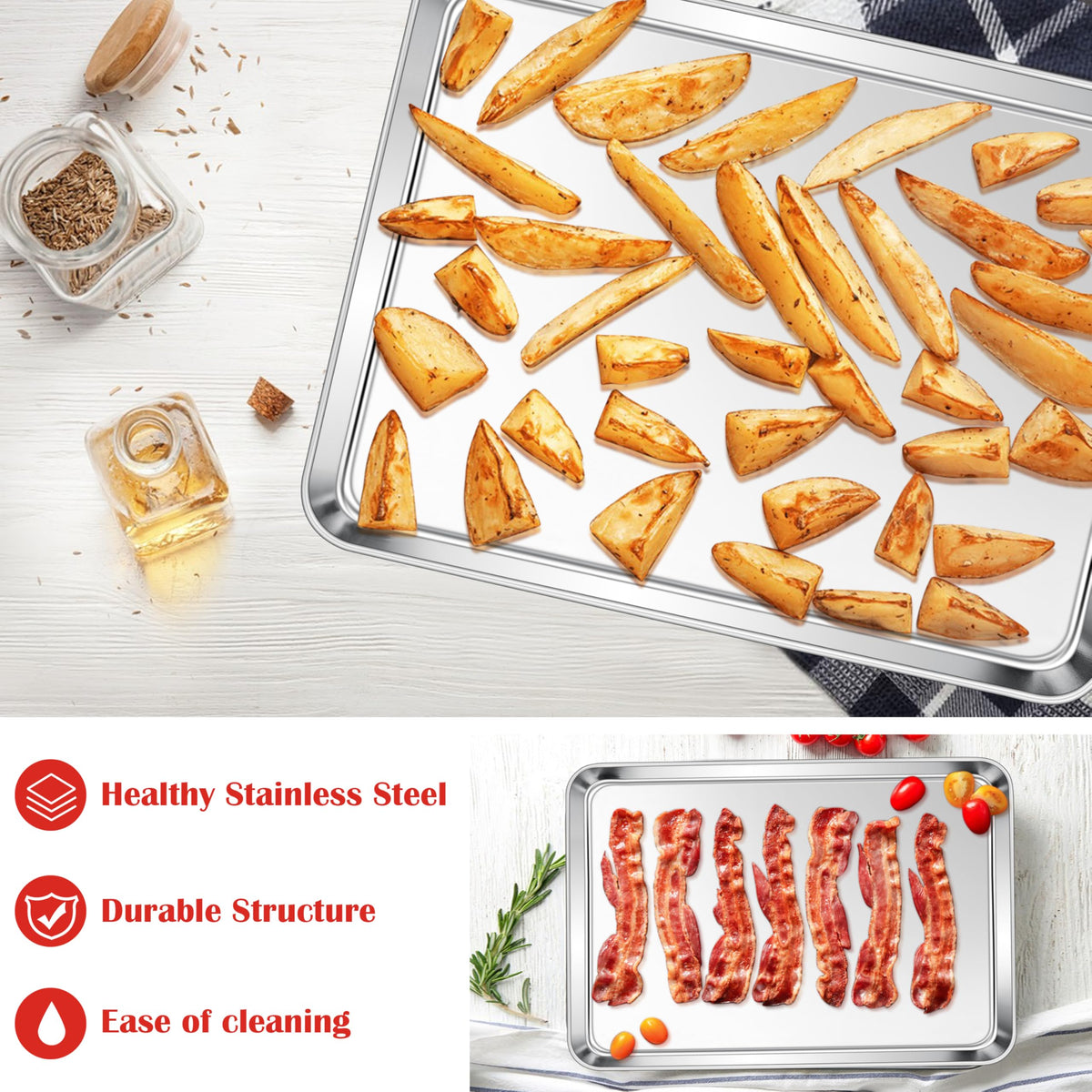 E-far cookie sheet with a wide rolled edge for a secure grip.