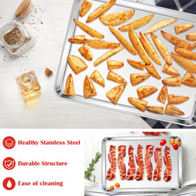 E-far cookie sheet with a wide rolled edge for a secure grip.