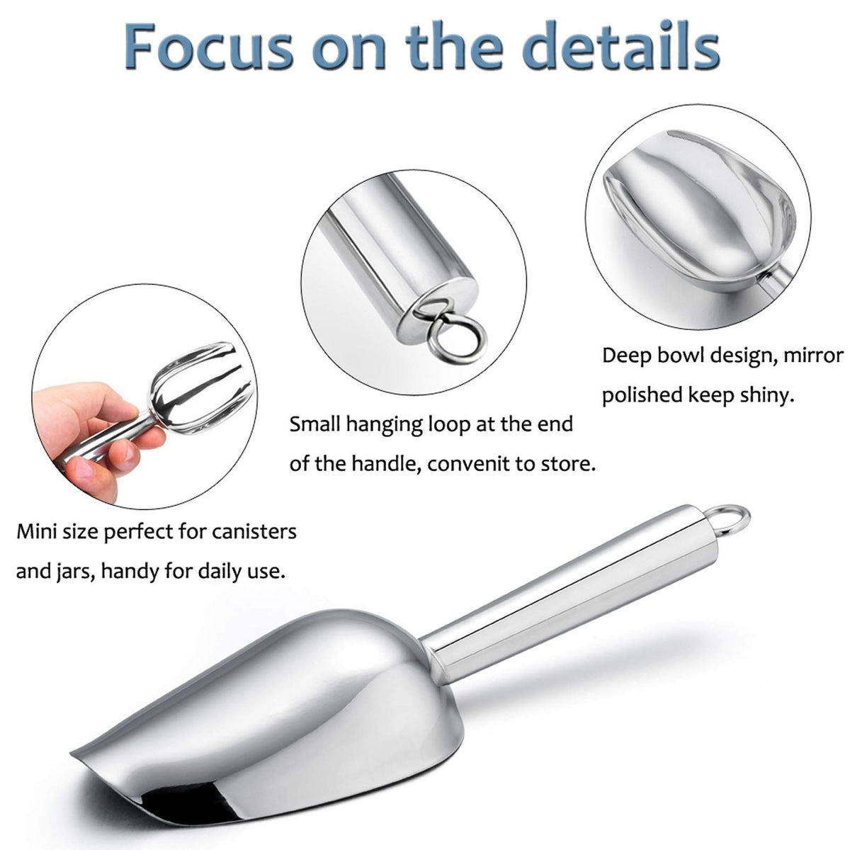 E-far curved-head scoop with wide body for easy dry-goods handling.