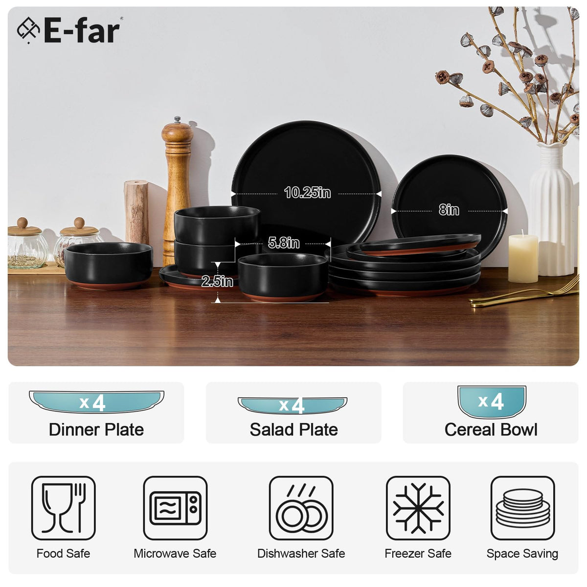E-far dinner plate in matte black glaze with terracotta base.