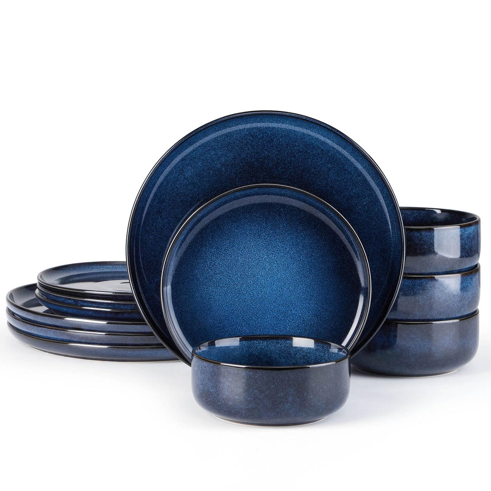 E-far Deep Sea Blue dinner plate with reactive glaze for a rustic table setting.
