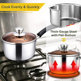 E-far dishwasher-safe stainless steel saucepan clean interior close-up.