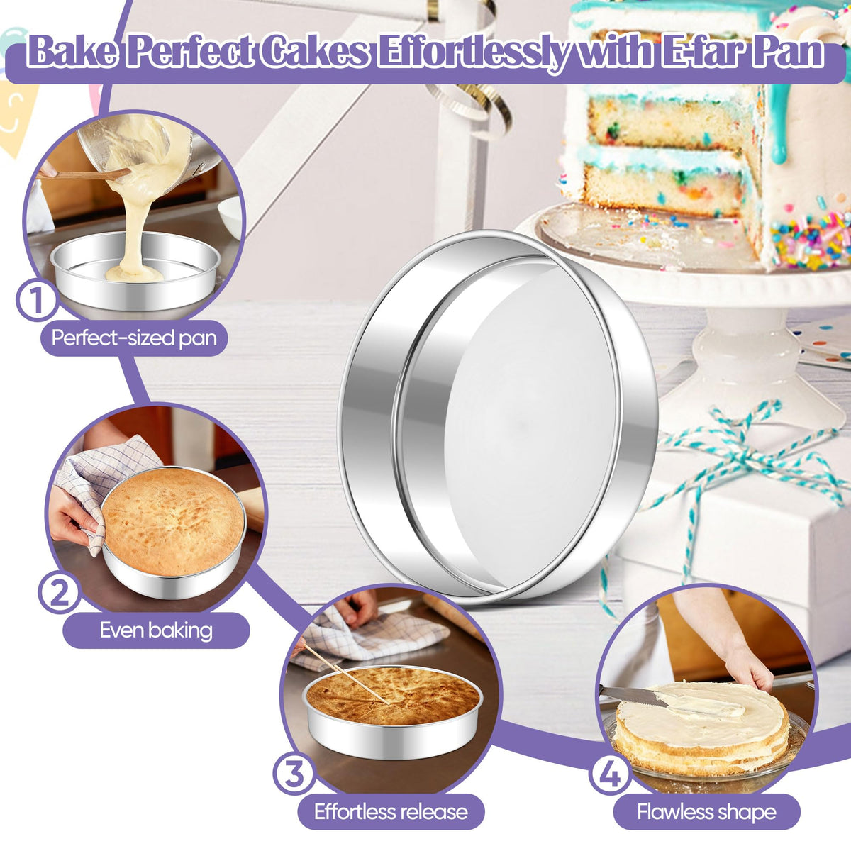 E-far leak-proof fixed-bottom design prevents batter leaks during baking.