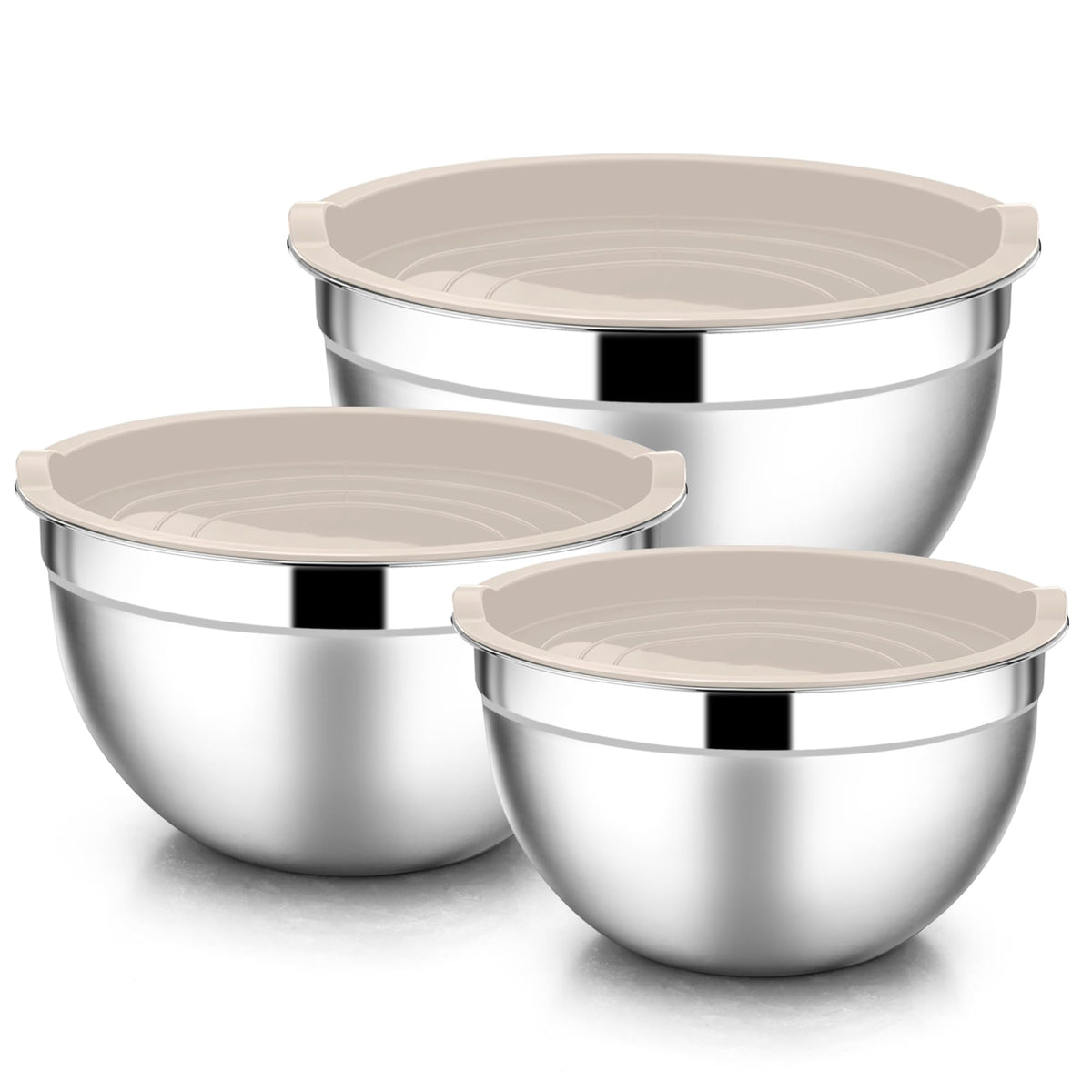 E-far mixing bowls with lids stacked for space-saving prep.