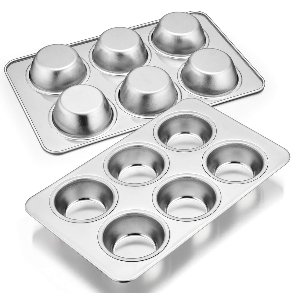 E-far muffin pan set in front view, 6-cup capacity for even baking