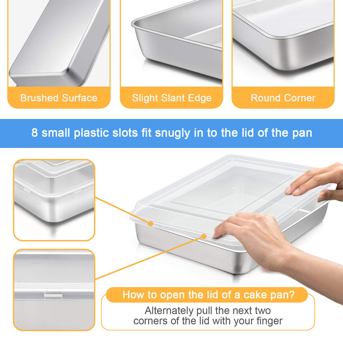 E-far pan with plastic lid; snug fit aids storage and transport.