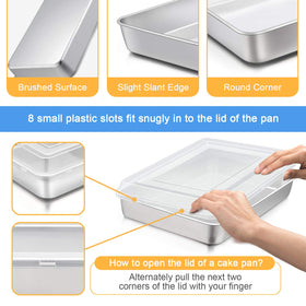 E-far pan with plastic lid; snug fit aids storage and transport.