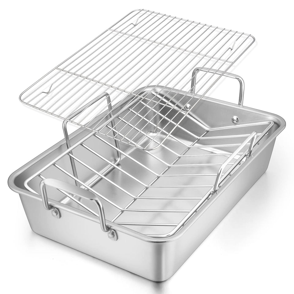 E-far roasting pan with V-shaped rack for even turkey roasting