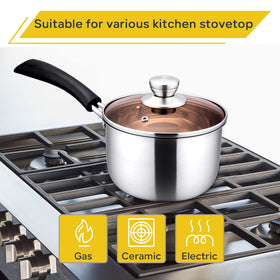 E-far saucepan handle stay-cool design emphasizes safe, comfortable grip.