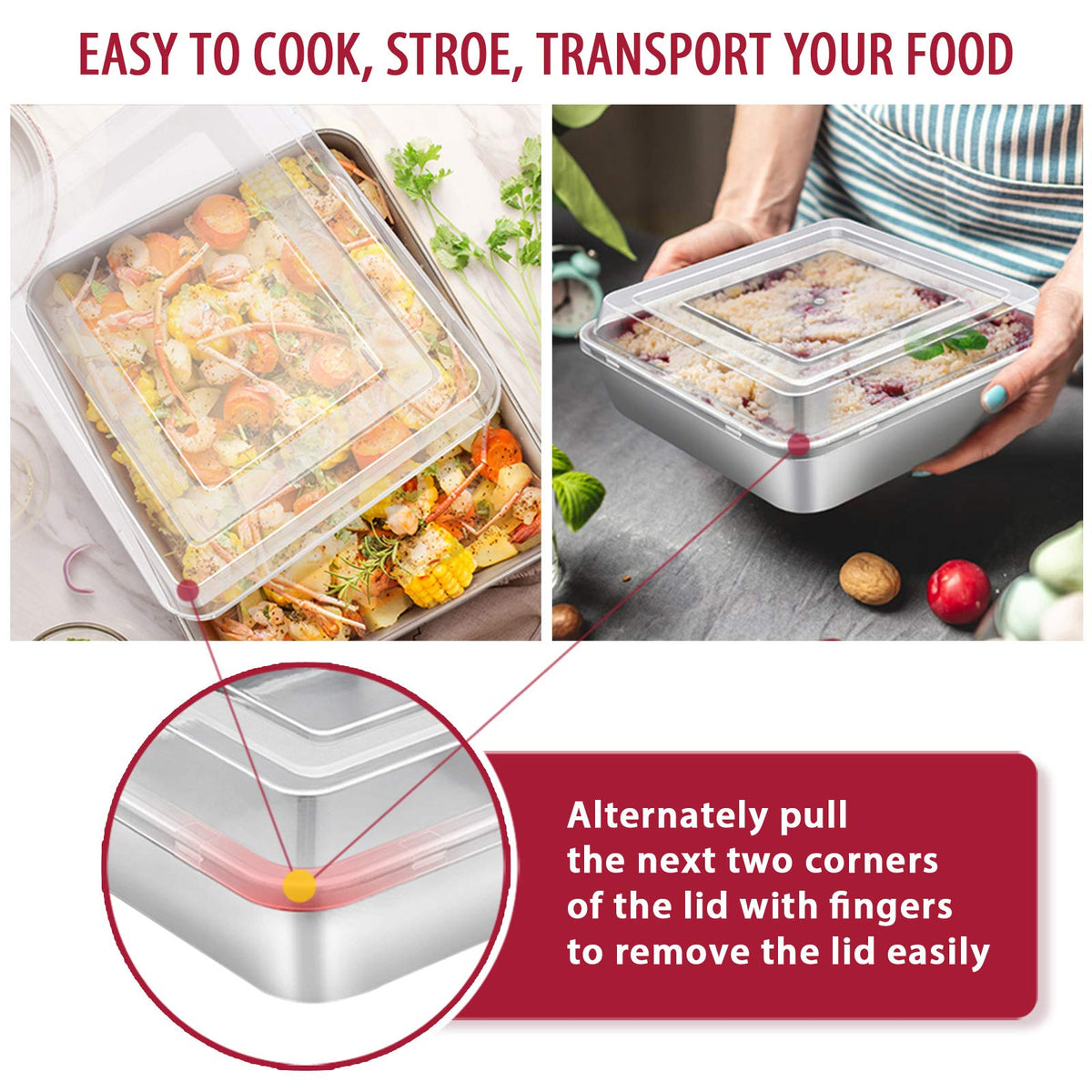 E-far square pan with lid stores leftovers neatly and safely