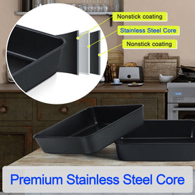 E-far stainless core delivers even heat for uniform baking.