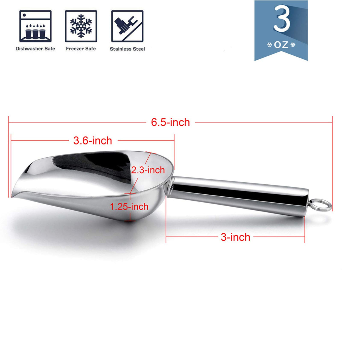 E-far stainless steel 3oz scoop highlights rust-proof durability for daily kitchen use.