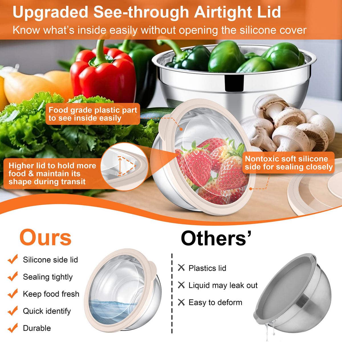 E-far stainless steel bowls with transparent lids for quick food visibility
