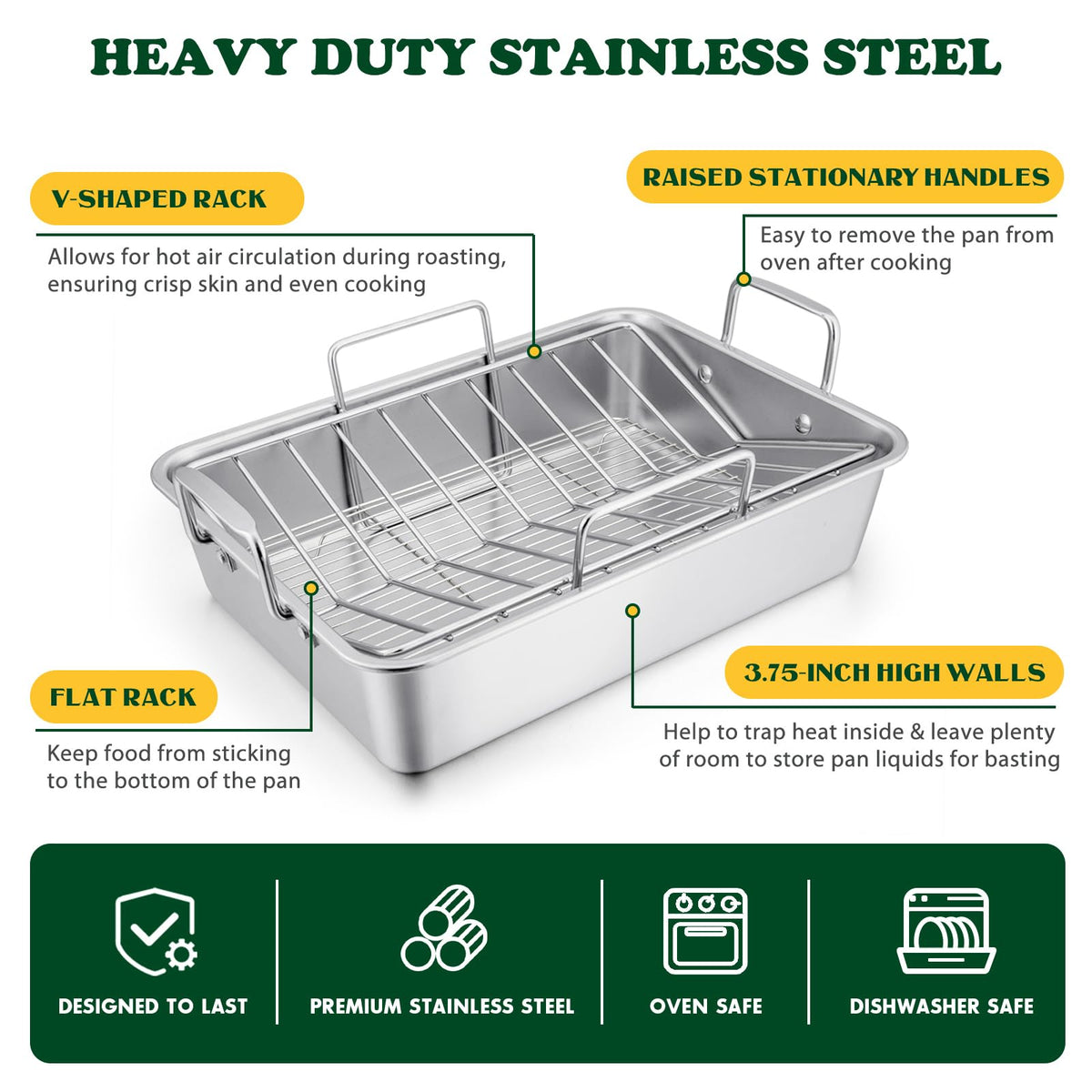 E-far roasting pan with ergonomic handles for easy lifting
