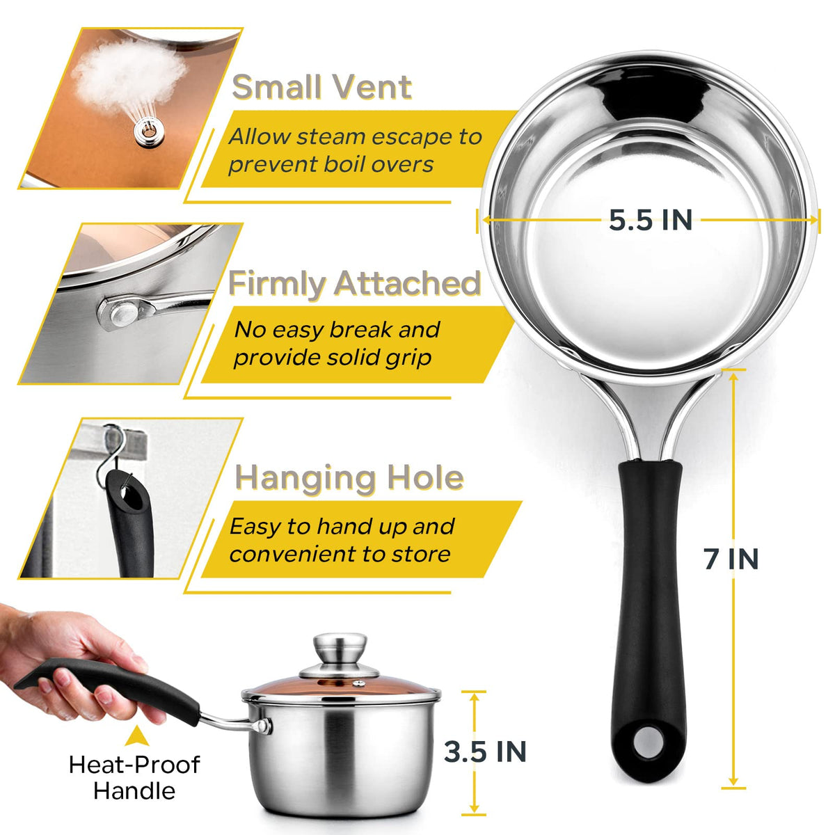 E-far stainless steel saucepan with glass lid showing vent for controlled simmer.