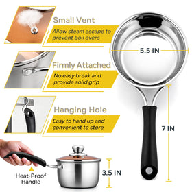 E-far stainless steel saucepan with glass lid showing vent for controlled simmer.