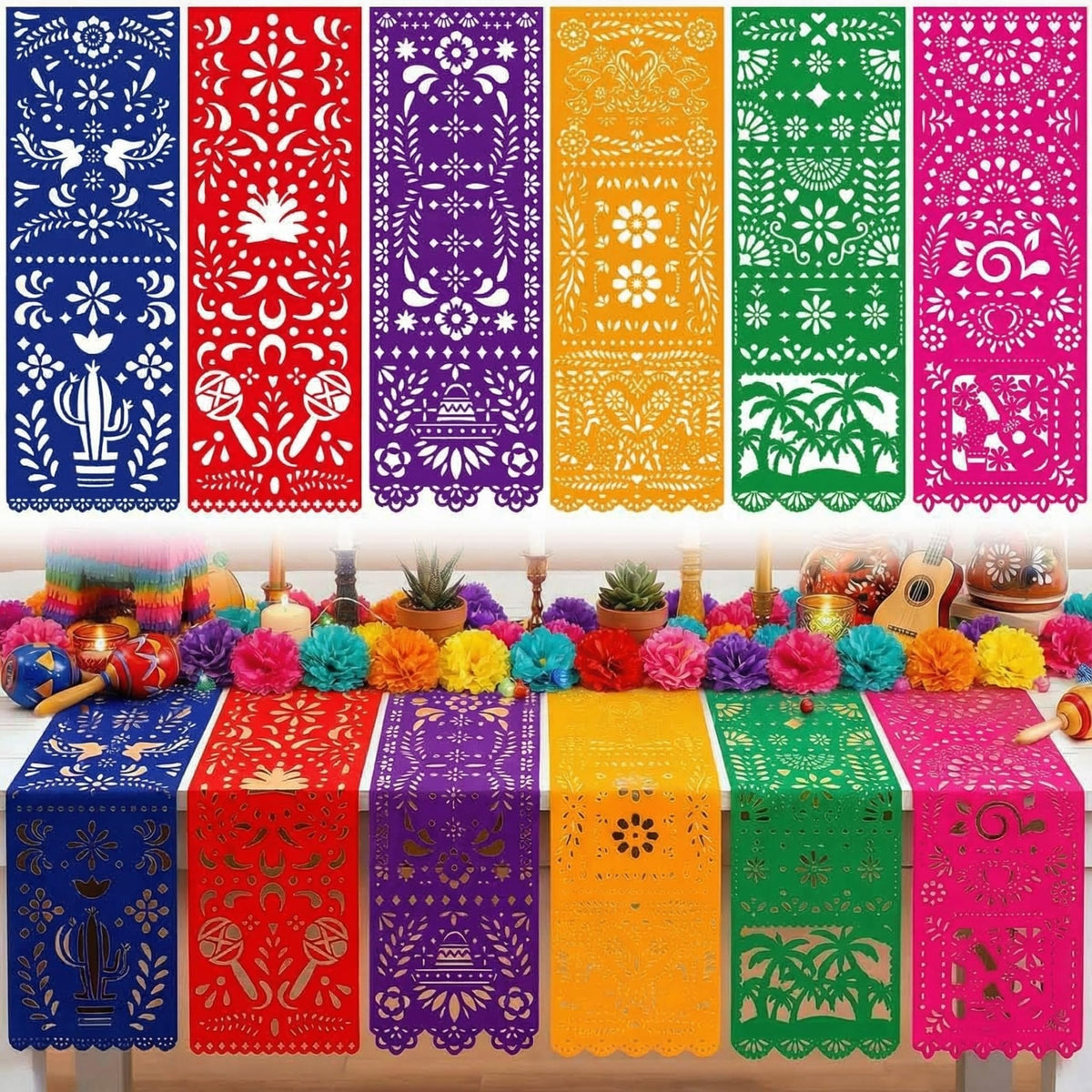Eaasty cactus pattern table runner ideal for Cinco de Mayo celebrations.