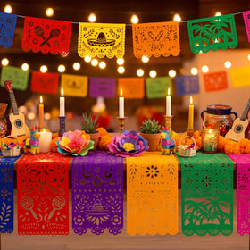 Eaasty blue papel picado table runner creates festive seating.