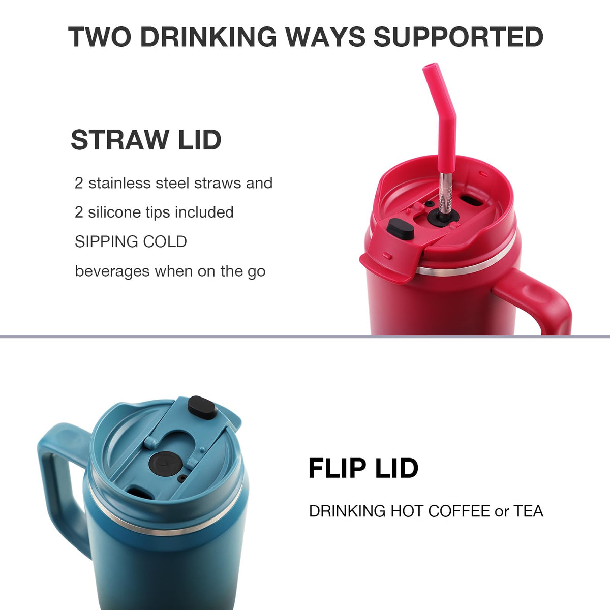 EALGRO 40oz 2-in-1 lid with straw enables spill-proof sipping.