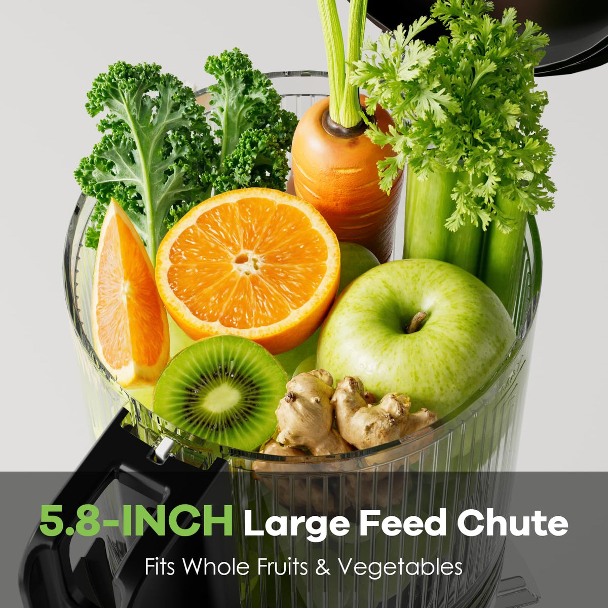 Close-up of EanOruus juicer's 400W motor and smooth operation.