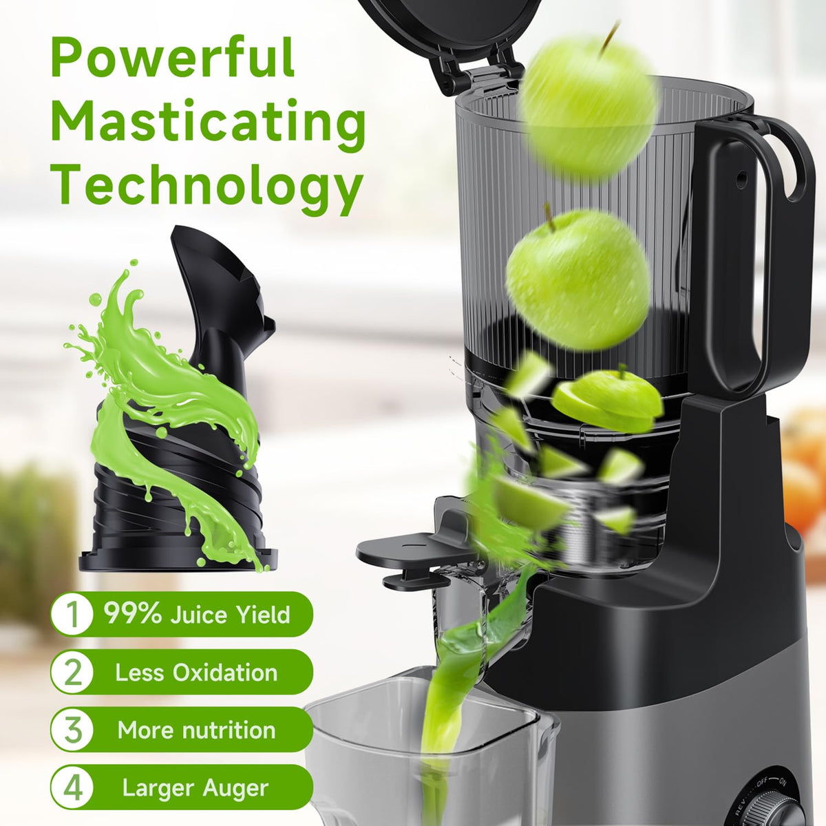 EanOruus juicer detachable parts shown for quick assembly and cleaning.