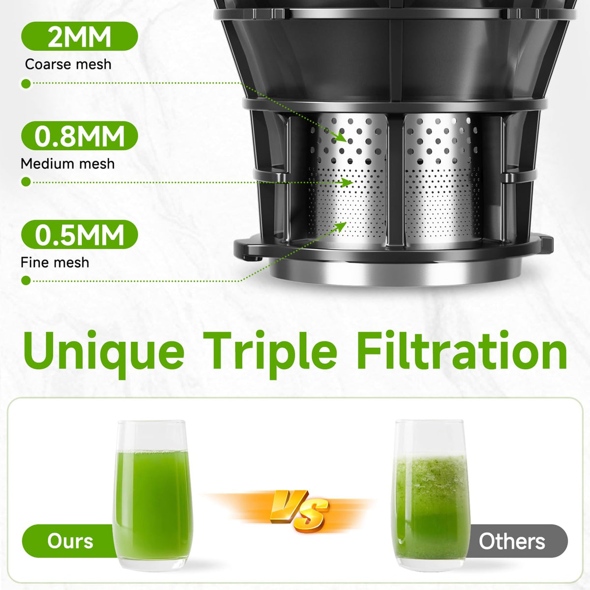 EanOruus juicer feed chute enables whole-fruit juicing for fast prep.