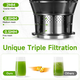 EanOruus juicer feed chute enables whole-fruit juicing for fast prep.