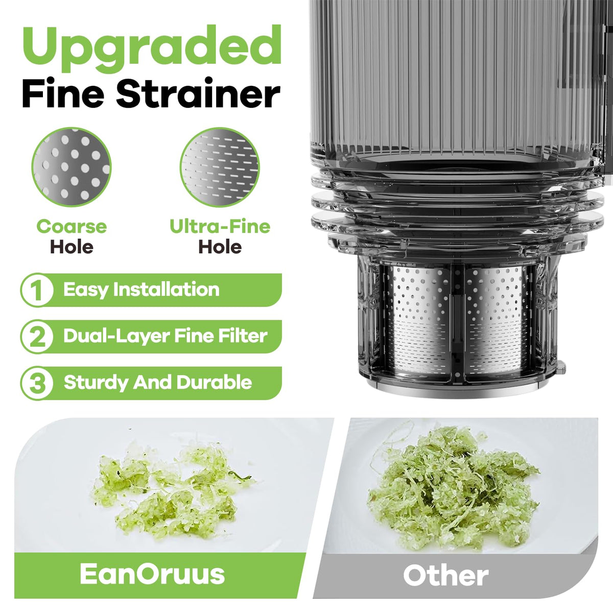 Juice pitcher and pulp output from EanOruus juicer showing high yield.