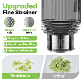 Juice pitcher and pulp output from EanOruus juicer showing high yield.