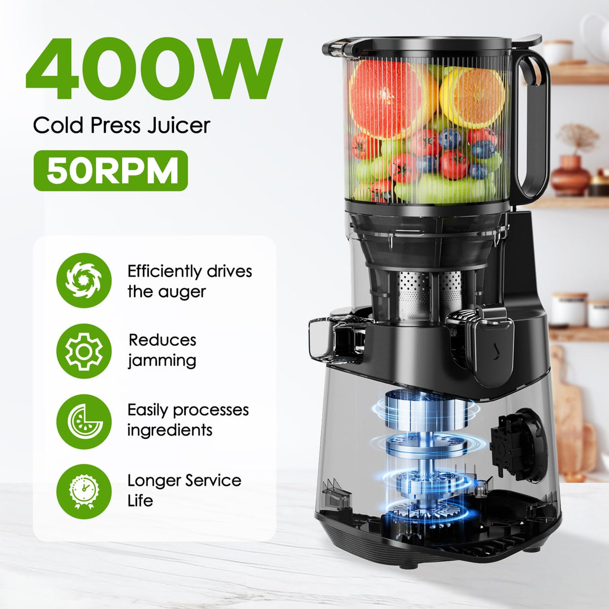 EanOruus juicer motor base demonstrates robust controls for easy operation.